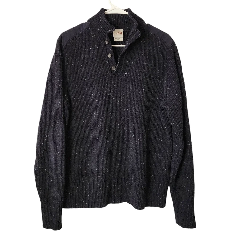 NORTH FACE Mock Neck 1/4 button up knit sweater in marled‎ navy wool blend Large